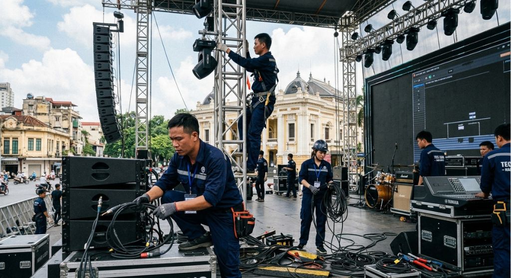 Dịch Vụ Cho Thuê Âm Thanh Ánh Sáng Sự Kiện Uy Tín Hà Nội 21 Ky thuat vien Dich Vu Cho Thue Am Thanh Anh Sang Su Kien dang lap dat va setup thiet bi anh minh hoa